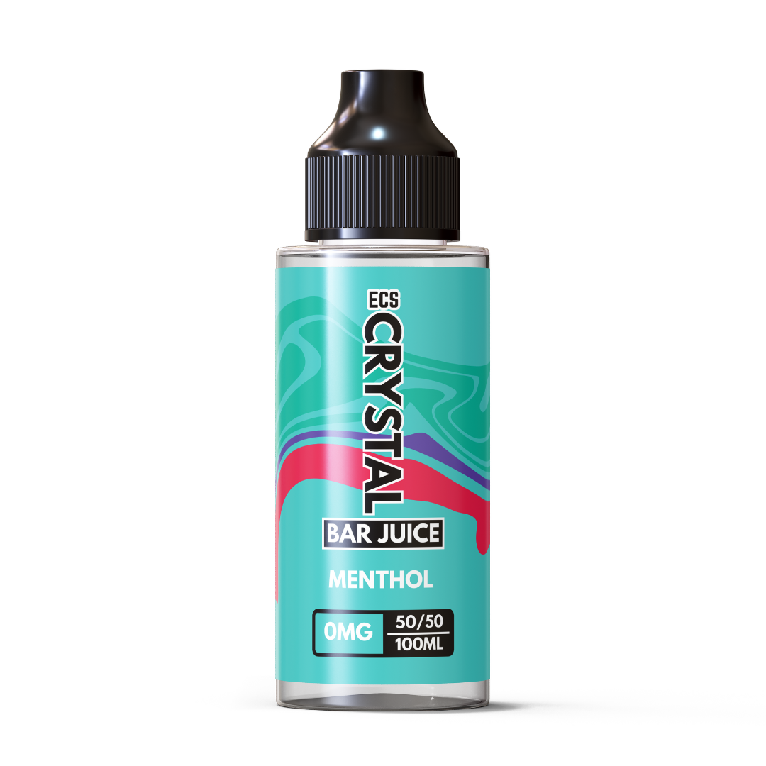 Crystal Bar Juice Menthol 100ml Shortfill E-Liquid – Premium nicotine-free vape juice with a smooth, icy menthol flavour. 50/50 VG/PG blend, perfect for pod kits and refillable vape pens. Up to 30,000 puffs per bottle. UK-made e-liquid with space for nic shots.